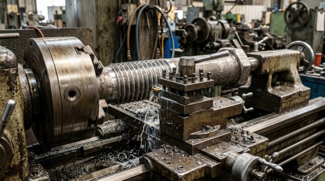 Closeup medium shot of a large industrial lathe turning a coarse pitch bolt showcasing precision threading for heavy machinery applications.