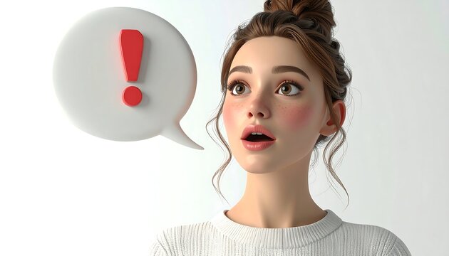 A surprised young woman looks upward with an open mouth, a red exclamation mark floats nearby in a white speech bubble