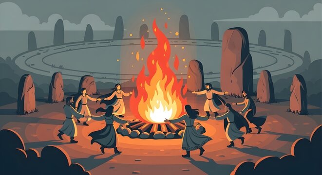 Celtic Bealtaine Festival Vector Poster Large Bonfire Center People Dancing Around Fire Ancient Stone Circle Background Warm Orange Glow Clean Shapes Mystical Atmosphere Scalable SVG Stock Ready