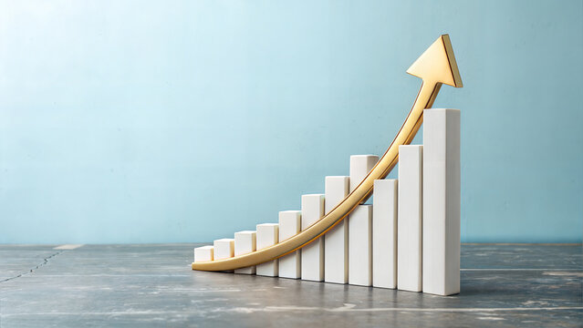 Minimal 3D Golden Growth Arrow Histogram on Blue Background