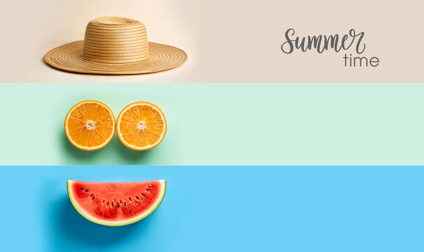 Summer Flat Lay with Straw Hat Citrus Fruits and Watermelon Slices