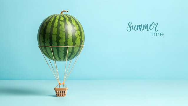Creative Watermelon Hot Air Balloon Summer Concept on Blue Background