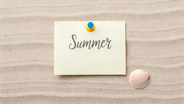 Handwritten Summer Note on Wooden Board with Shell and Sand