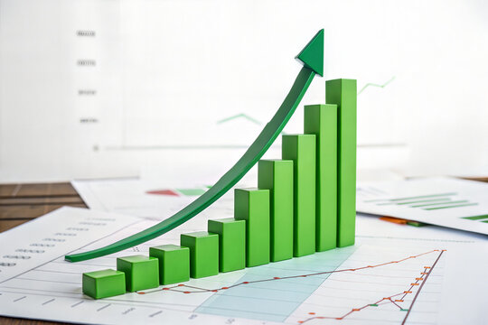 Business Growth Histogram with Green Arrow on White Background
