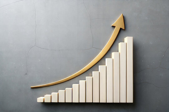 3D Golden Arrow Growth Histogram on Gray Background