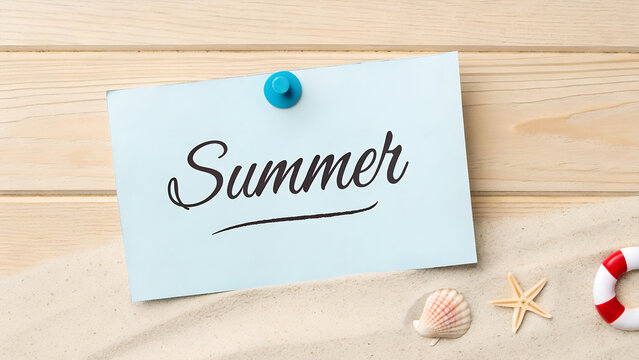 Handwritten Summer Note on Wooden Board with Shell and Sand