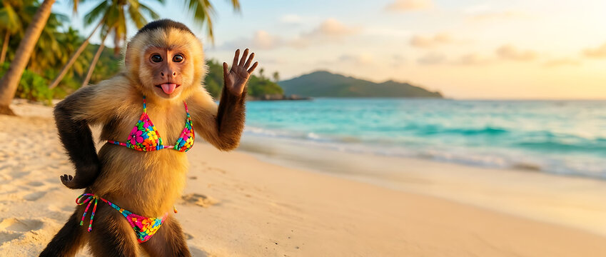 Cute baby capuchin monkey in floral bikini waving hand on tropical beach with copy space for summer sale banner