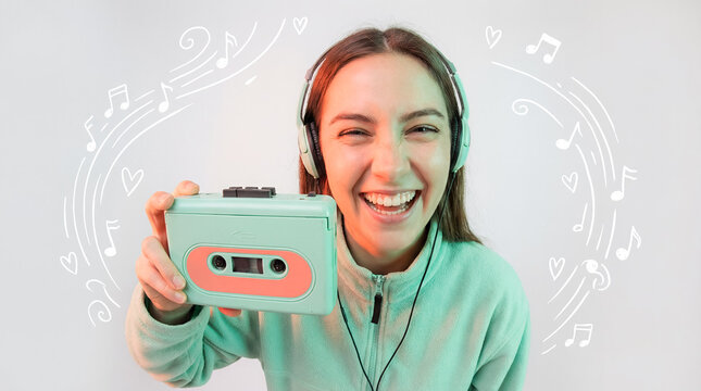 fisheye cassette portrait girl headphones retro music doodles smiling while holding a tape player toward the viewer in a soft studio for nostalgic audio campaigns youth branding and pop culture ads