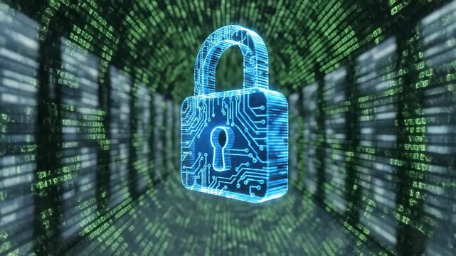 Digital Fortress: A glowing digital padlock, symbolizing cybersecurity and data protection, is set against a tunnel of binary code, representing the safeguarding of information in the digital age.