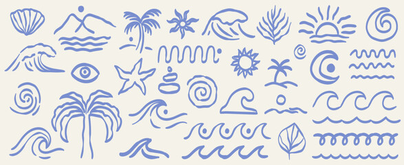 Hand drawn doodle sea and beach ornament drawings set. Tropical naive coastal elements. Abstract stylized palm tree, waves and sun. Summer boho designs for t-shirts, posters, and placard prints. © KPstudio