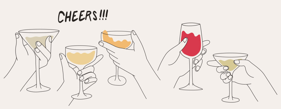 Hands hold glasses of white sparkling or red wine, champagne or cocktail. Cheers vector illustration for greeting card, postcard, placard, invitation, menu design. Line drawing of people celebrating.