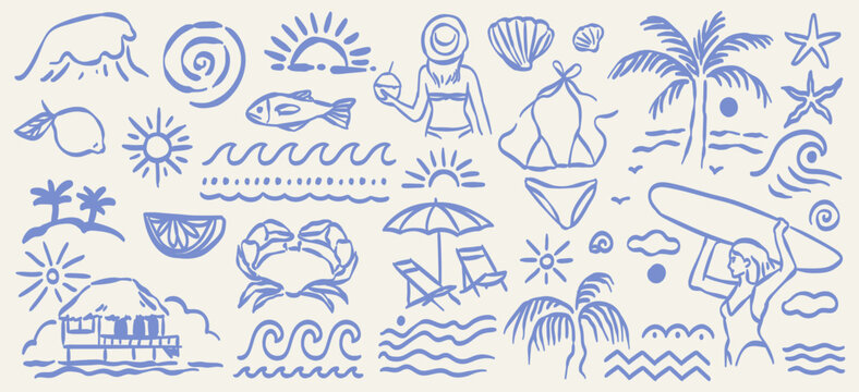 Hand drawn doodle beach and surf ornament drawings set. Tropical naive coastal elements. Stylized palm tree, waves, surfboards, and sun. Summer designs for t-shirts, posters, and placard prints.