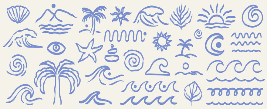 Hand drawn doodle sea and beach ornament drawings set. Tropical naive coastal elements. Abstract stylized palm tree, waves and sun. Summer boho designs for t-shirts, posters, and placard prints.