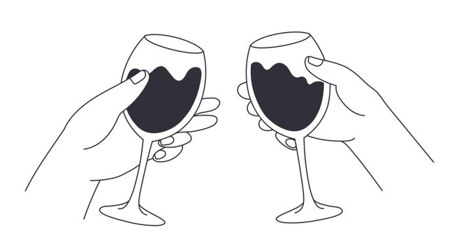 Hands hold glass of red, sparkling wine, champagne or other alcoholic drink. Cheers vector illustration for greeting cards, postcards, placard, invitations, menu design. Line hand drawn art template.
