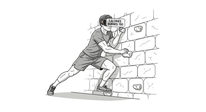 man in virtual reality gear breaking through brick wall with fist