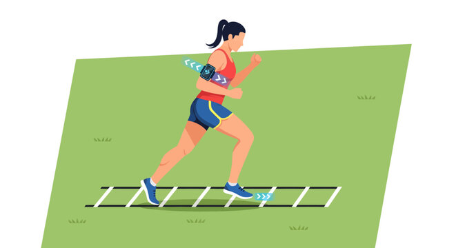 Woman running on agility ladder for sports training and fitness