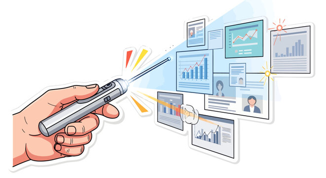 Hand holding smart phone projecting data analysis graphs and charts