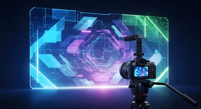 Camera recording virtual reality video with futuristic screen