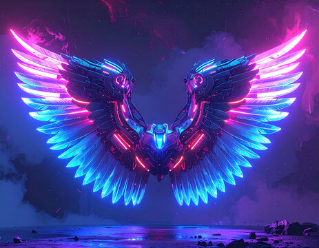Mechanical wings glow with neon energy in a futuristic dark landscape.
