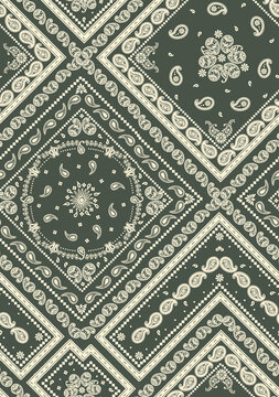 Green bandana pattern with paisley and geometric motifs in a repeating tile design