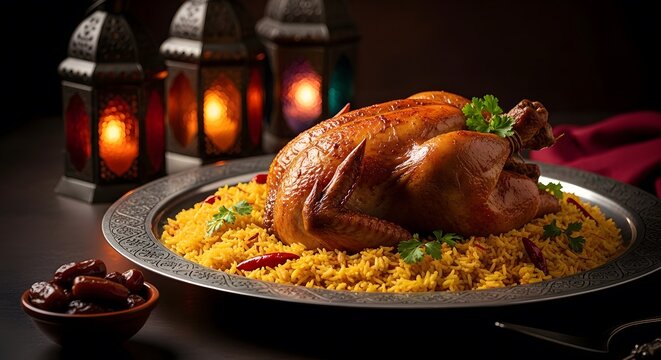 Eid al adha feast delicious kabsa with roasted chicken for eid mubarak holiday celebration