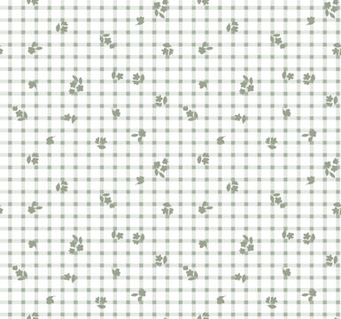 Small floral sprigs scattered on a subtle pale green gingham background