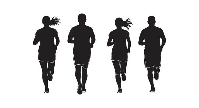 Running people silhouettes from back view featuring men and women jogging for fitness and health lifestyle illustrations.