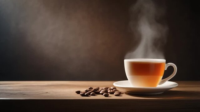 A steaming cup of freshly brewed coffee, emanating a comforting warmth, sits gracefully on a rustic wooden table, accompanied by scattered aromatic coffee beans against a soft, dark background