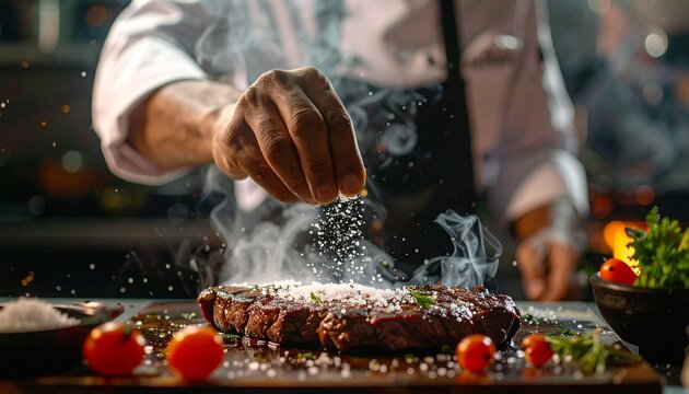 Professional chef's hand sprinkling coarse salt onto a sizzling, grilled steak on a wooden board in a restaurant kitchen.