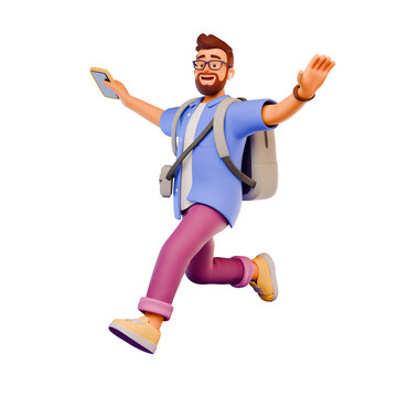 3D stylized bearded man in casual clothes with backpack running and jumping, celebrating success. 