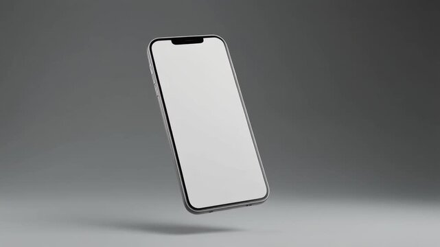 Modern smartphone with a blank screen, floating in a minimalist studio setting with a dark gray background, showcasing its sleek design