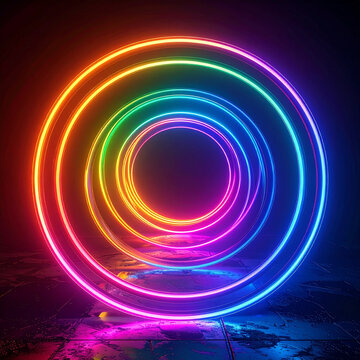 Vibrant neon swirls glow in dark environment with rainbow colors and sleek edges.