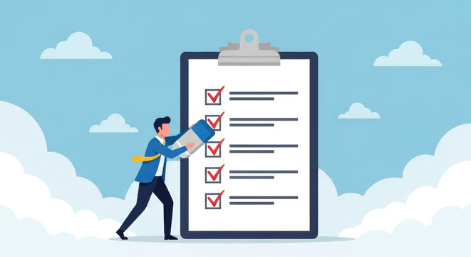 Professional checking off tasks on a large clipboard in the sky