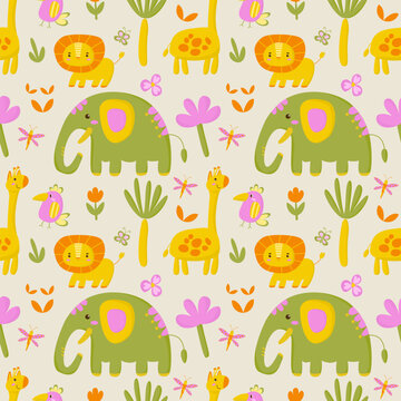 Hand drawn seamless pattern with cute wildlife cartoon animals lion elephant and giraffe in tropical jungle. Doodle design includes tropical plants, flowers, and butterflies on a warm beige background