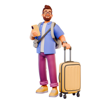 3D stylized bearded man traveler in casual clothes with suitcase stands and waits for departure