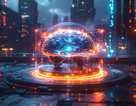 Artificial intelligence concept with holographic interface appears in futuristic cityscape at night