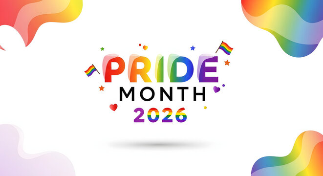 Bold and vibrant Pride Month 2026 typography illustration, modern and clean design featuring a colorful abstract rainbow background for a happy celebration card design