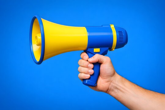 Close up view of a male hand holding a bright yellow and blue megaphone against a solid vivid blue background. This striking photo is highly suitable for public announcements and marketing.