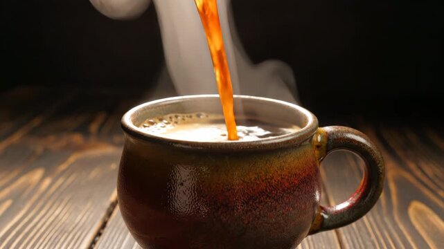 Brewed Awakening: Close-up shot of steaming coffee being poured into a rustic ceramic mug, placed on a wooden table, filling the air with invigorating aromas.