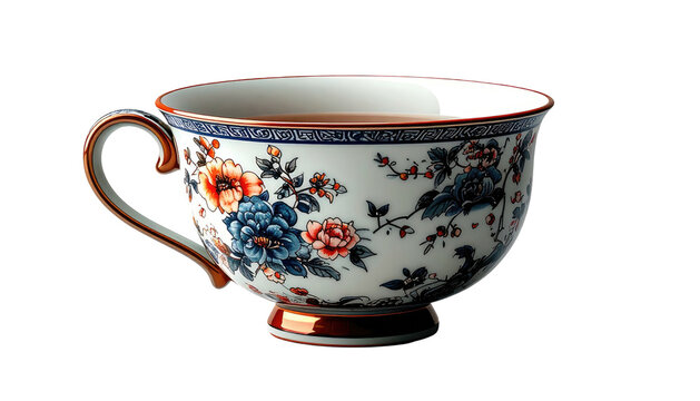 Ornate teacup, filled, floral design, gold trim, isolated on black