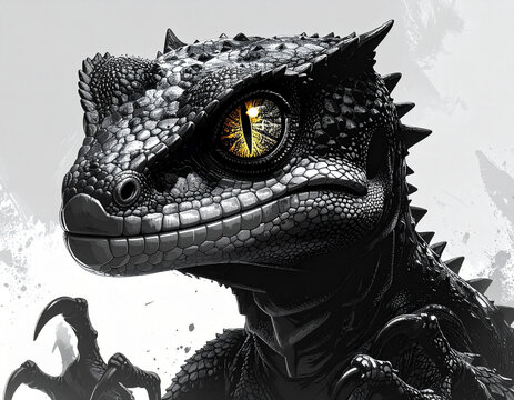 A menacing gecko character with sharp claws and glowing eyes stares intensely on white background