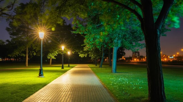 A serene illuminated pathway lined with trees, leading through a park at night, highlighting the beauty of nature and street lighting.