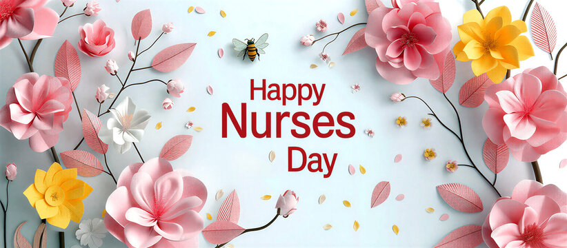 Beautiful floral arrangement with vibrant flowers and bee celebrating happy nurses day greeting card design