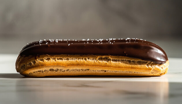 Delicious chocolate eclair pastry on marble countertop with sugar topping