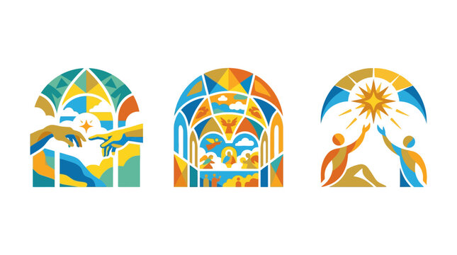 Abstract Stained Glass Icons Depicting Key Concepts