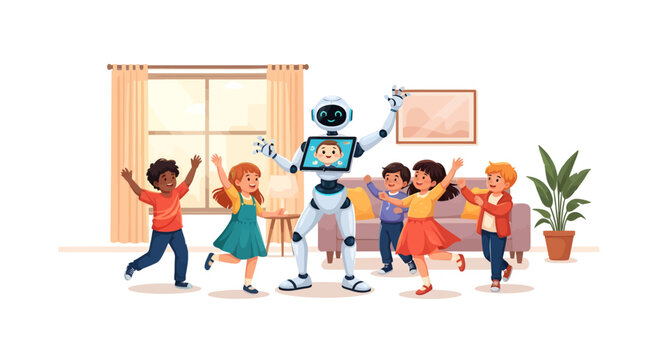 children dancing with happy robot in living room