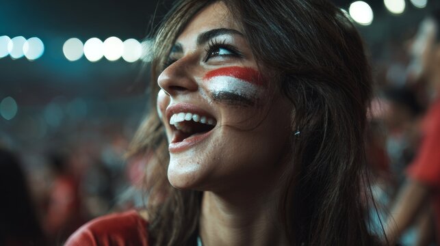 Euphoric woman in a football stadium with her face painted with the colors of the Egyptian flag, cheering and supporting her team.