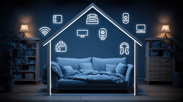 Illumination outlining a home interior frames various digital device icons symbolizing connected living