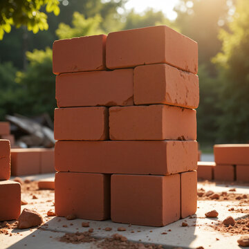 Stack of red clay bricks on construction site with blurred outdoor background, building materials for house wall.