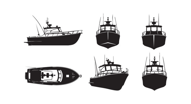 Set of fishing boat icons from various angles on white background vector illustration.